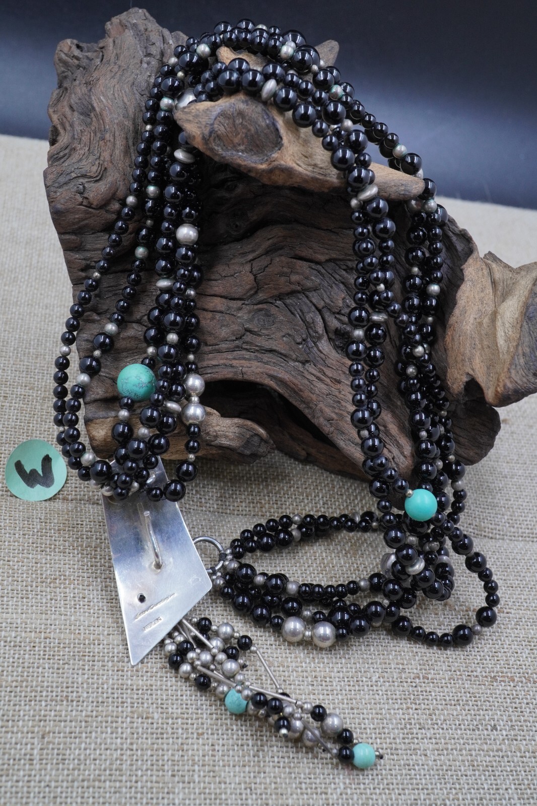 SUSAN CUMMINGS Sterling 3 Multi Strand Black Onyx Bead Necklace Pendant Signed