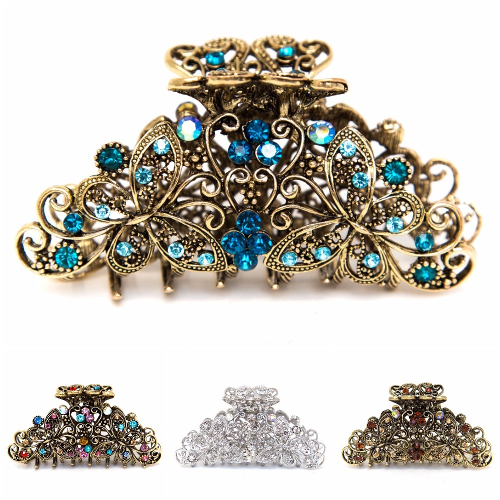 USA Medium elegant metal flower butterfly rhinestone crystal hair claw Clip pin