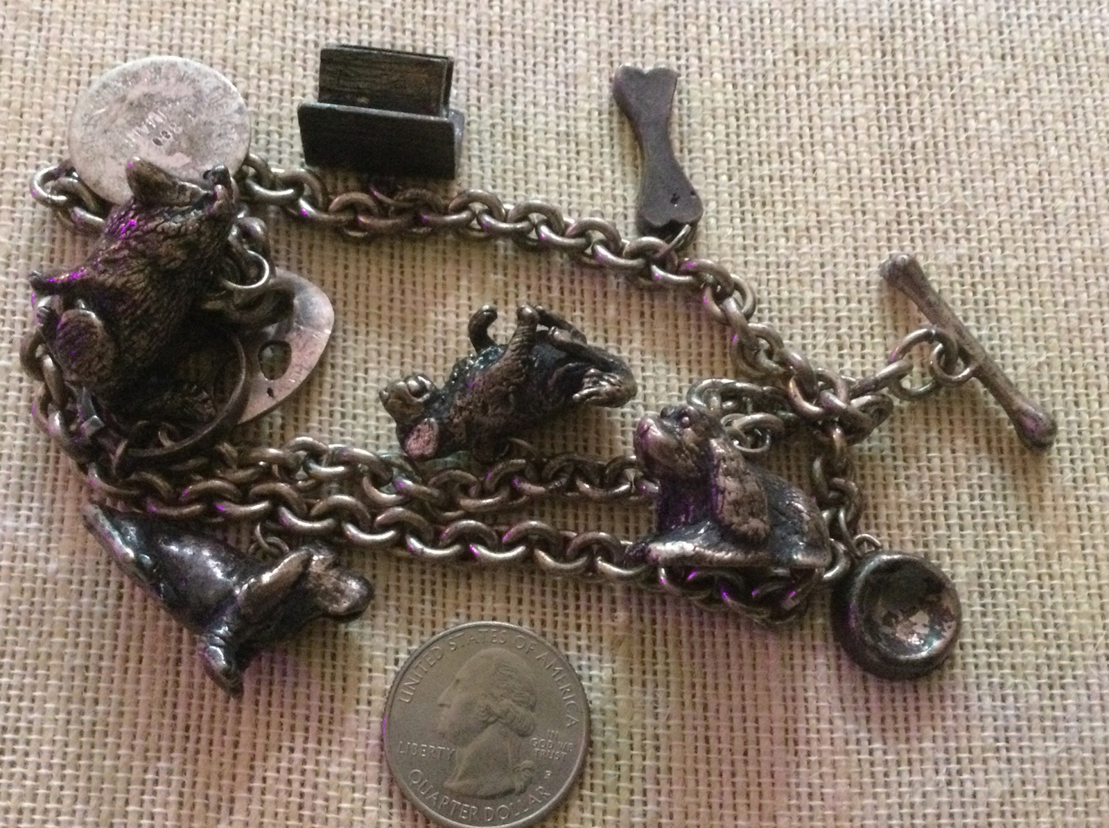 Susan Cummings Sterling Silver Dog Themed Triple Strand Charm Bracelet 107 G