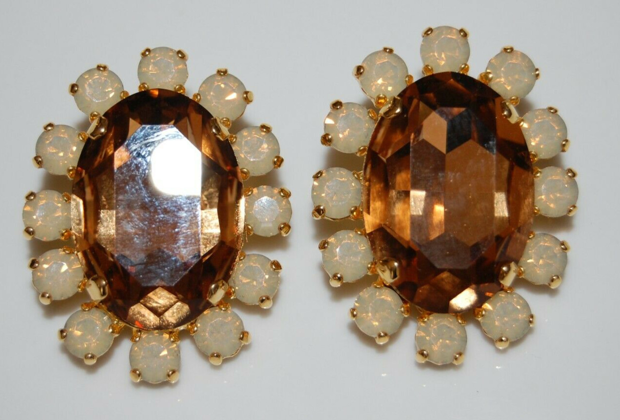 ELEGANT VTG RHINESTONE COUTURE LARGE AMBER OVAL & ICED CRYSTALS CLIP-ON EARRINGS