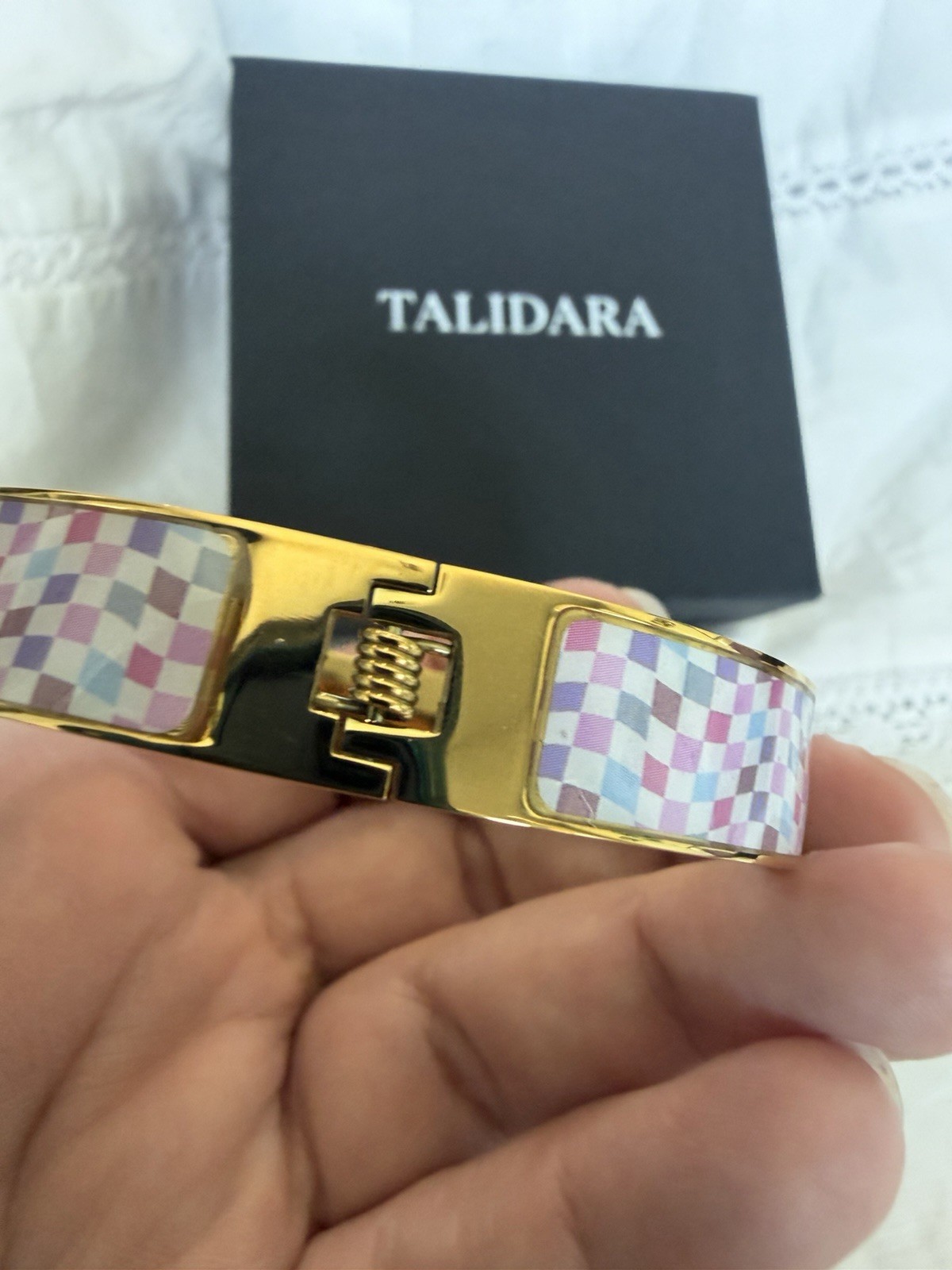 TALIDARA Multicolor Enamel Checkered Gold-Tone Hinged Bangle Cuff Bracelet