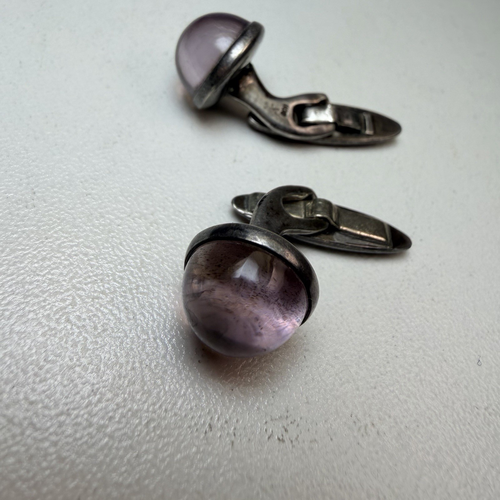Vintage European 800 Silver Purple Amethyst Domed Glass Cufflinks signed M & P ?