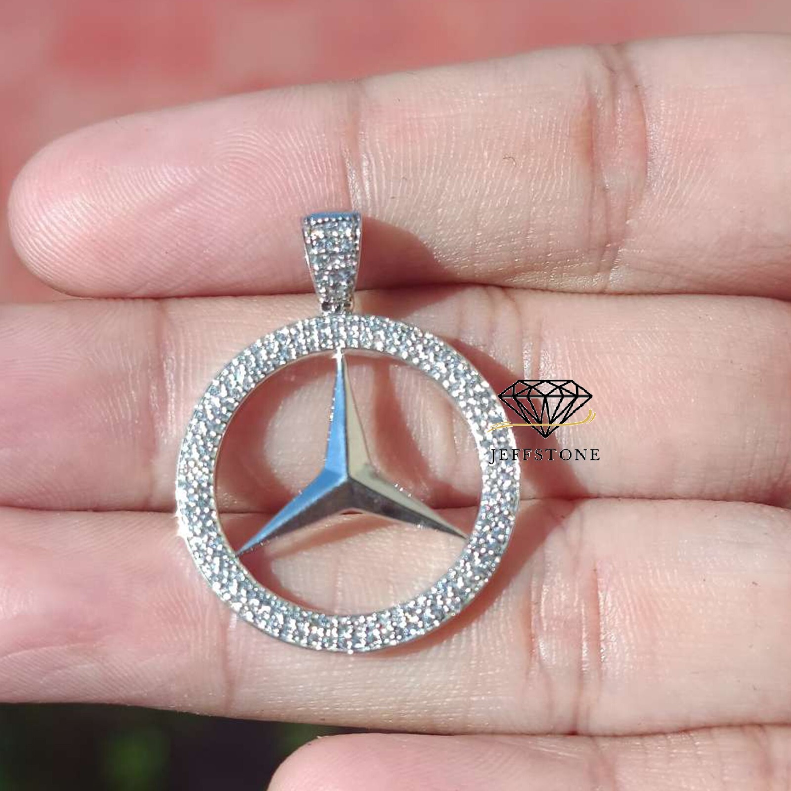 0.60 ctw D/FL Moissanite 14K White Gold Over Mercedes Medallion Pendant 1.2″
