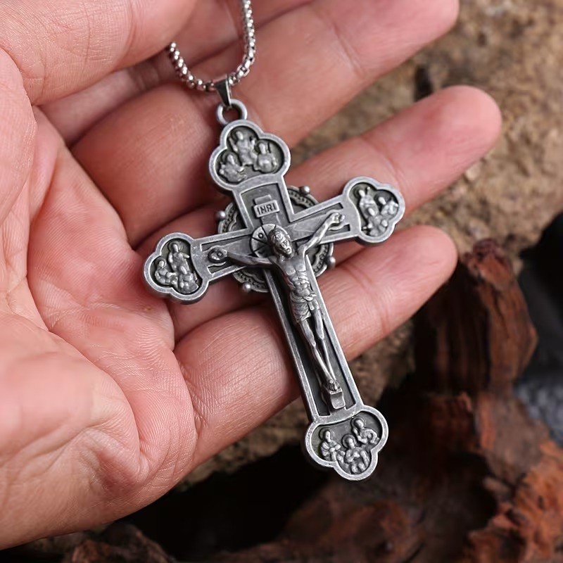 3D Titanium Steel Charm Christian Jesus Cross Catholic Crucifix Pendant Necklace