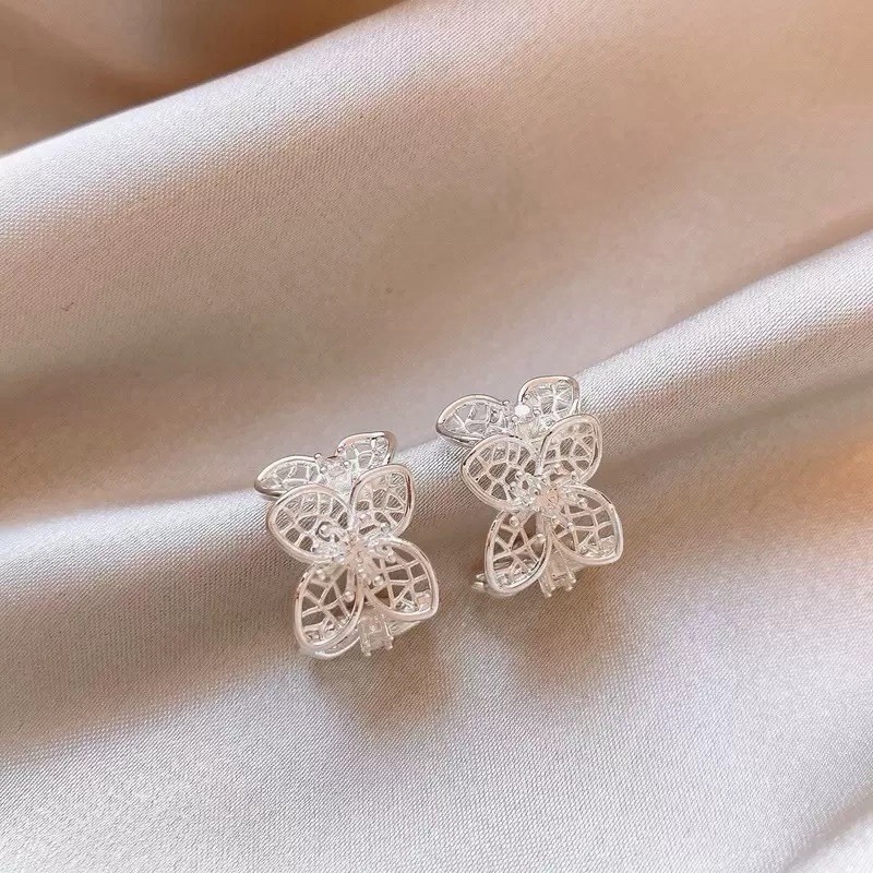 925 Silver Hollow Flower Stud Earrings Minimalist CZ Floral Bridal Gift A77