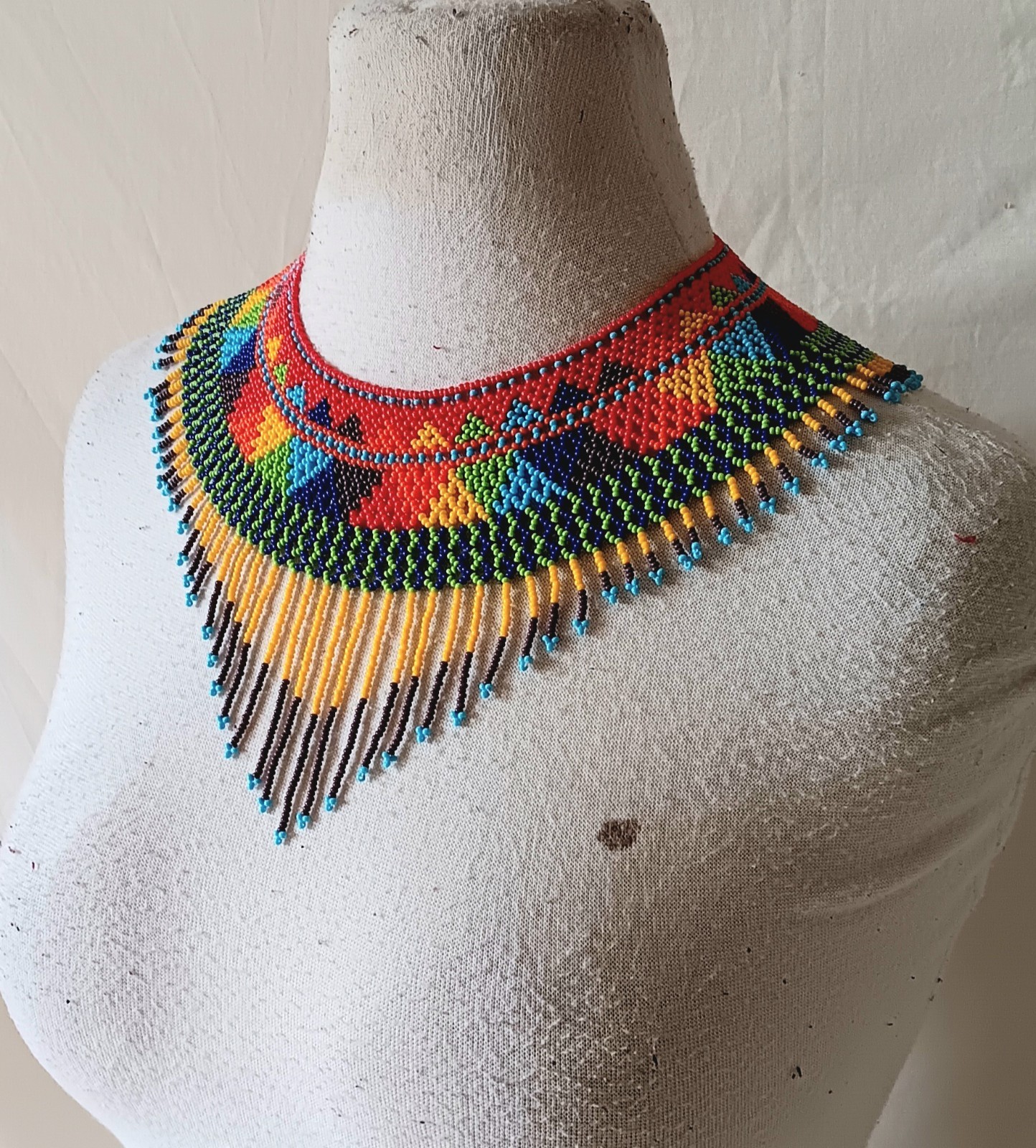 Multi-color Beaded Fringe Necklace Statement Collar Bib Jewelry Artisan Made