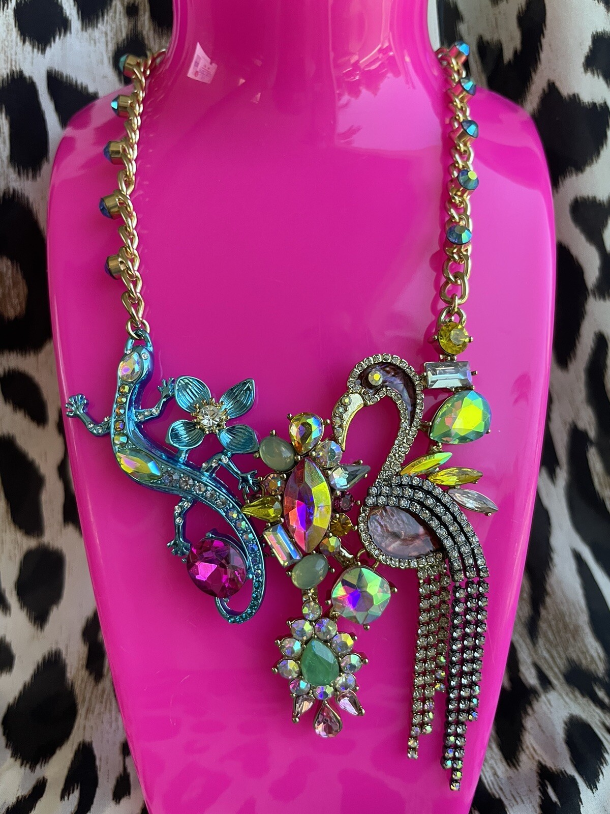 Betsey Johnson Paradise Lost Pink Flamingo Salamander Lizard Gecko Necklace RARE