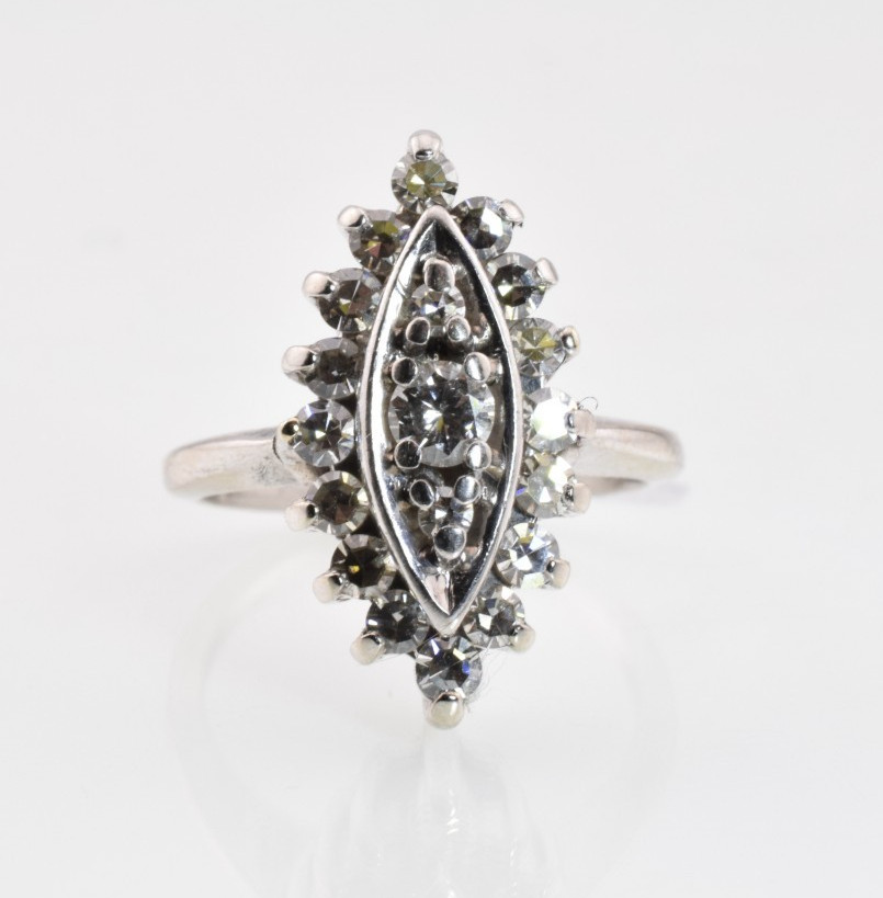 Vintage Diamond Cluster Shield Ring in 10k White Gold .60 Carats Size 3.75