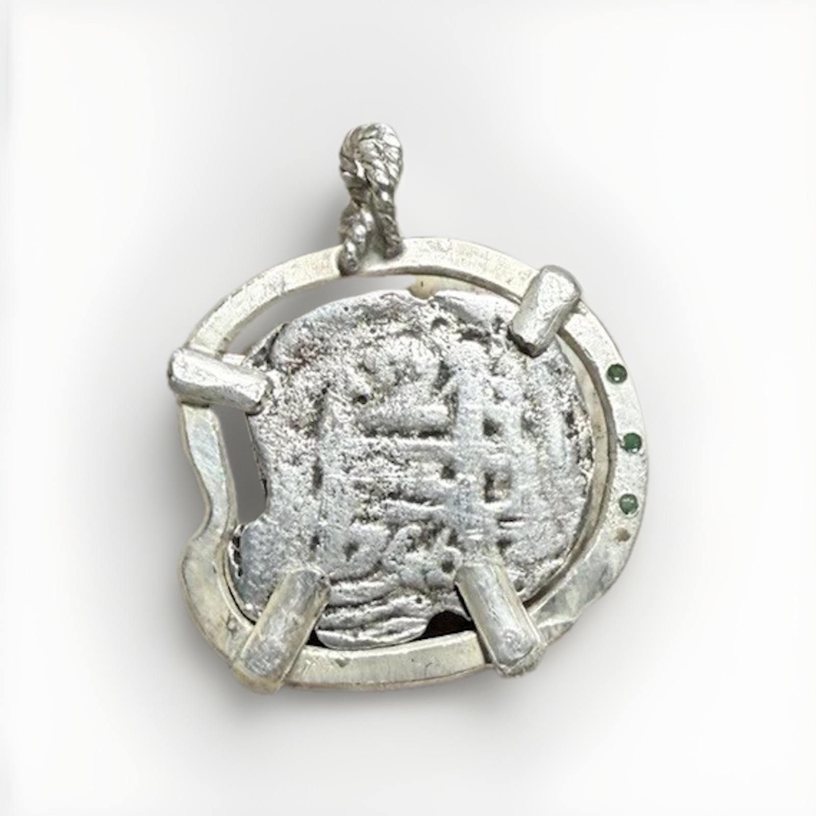 Authentic Spanish-Colonial 2-Reales Silver Shipwreck Cob Coin in Emerald Bezel