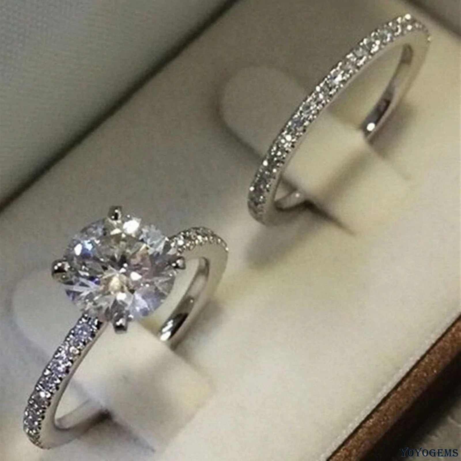 2 PCS Fashion Bridal Engagement Ring Set Cubic Zirconia Round Wedding Party Gift