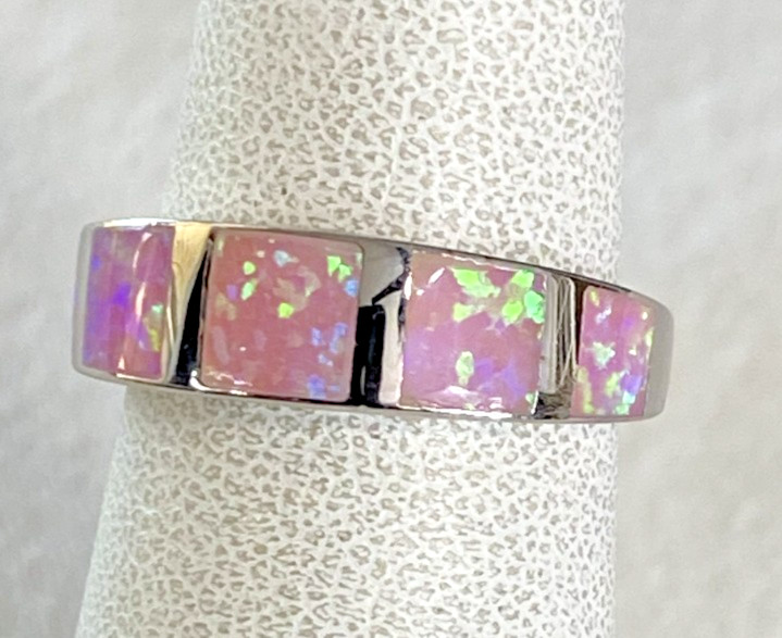 Sterling Silver Pink Lab Opal Ring / Band, Size 6 x 6mm, Gift Ready, NOS