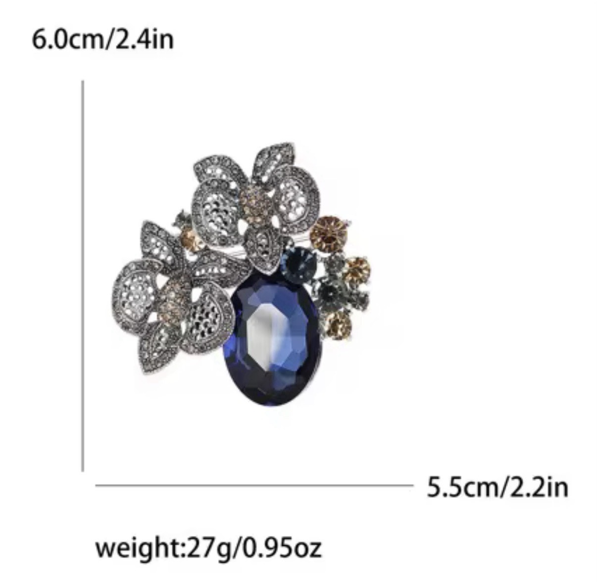 Multicolor Crystal Metal Brooch Pin Flower Oval Blue Accent Fashion