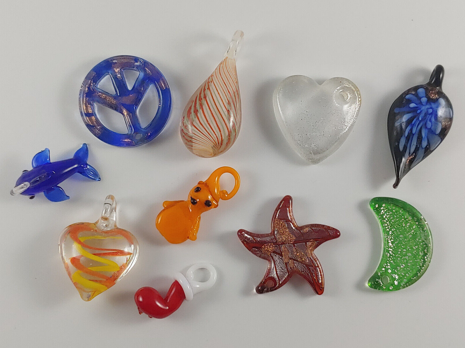 10PC. Lampwork Glass Pendants Charms Multi Color Heart Teardrop Dolphin & More