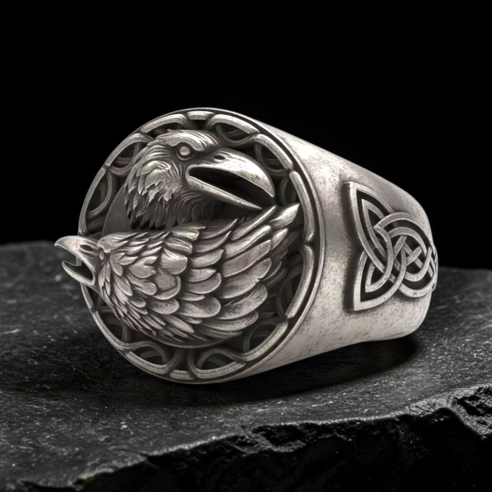 Sterling Silver Viking Raven Ring, Odin Huginn Muninn Norse Signet, Celtic Knot