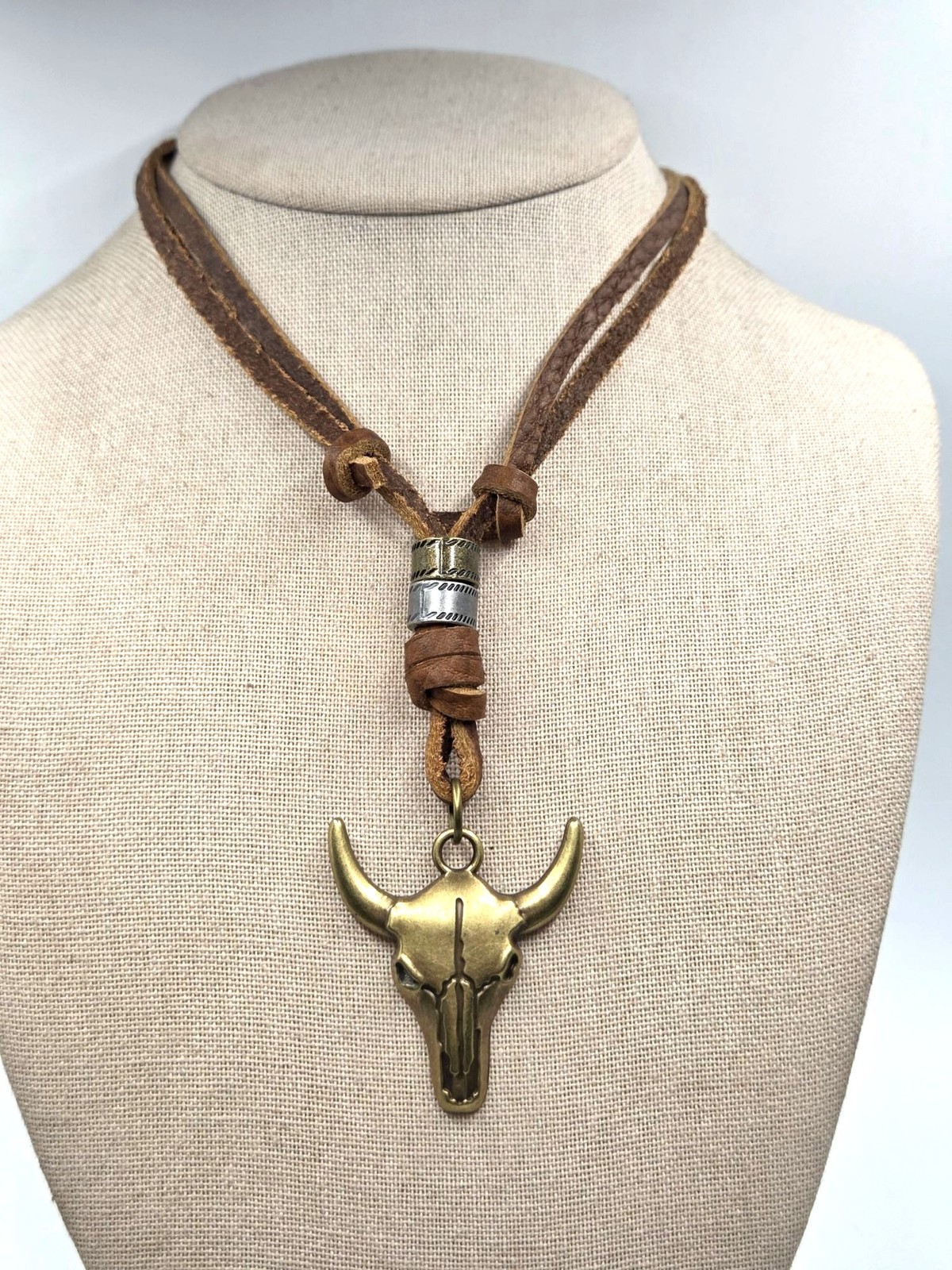 Vintage-Style Leather Necklace With Brass Bull Skull Pendant & Adjustable Brown