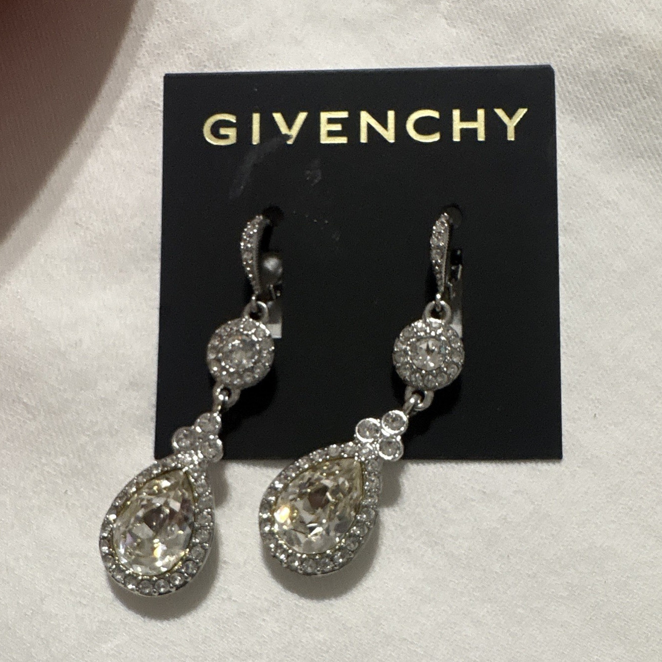 Givenchy Silver Tone Clear Crystal Teardrop Dangle Earrings Leverback Signed