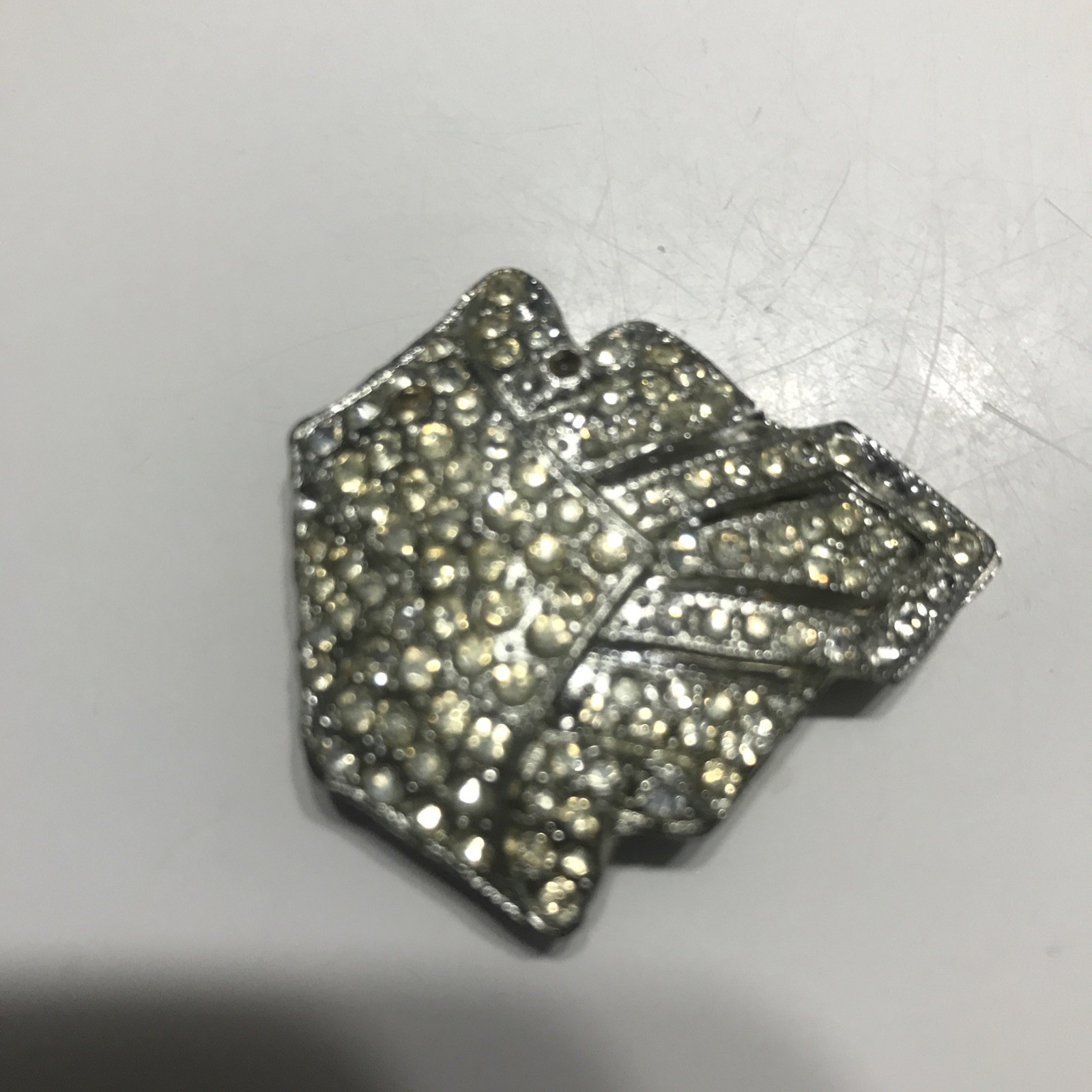 Vintage Rhinestone Dress / Scarf Clip Silver Tone Art Deco.
