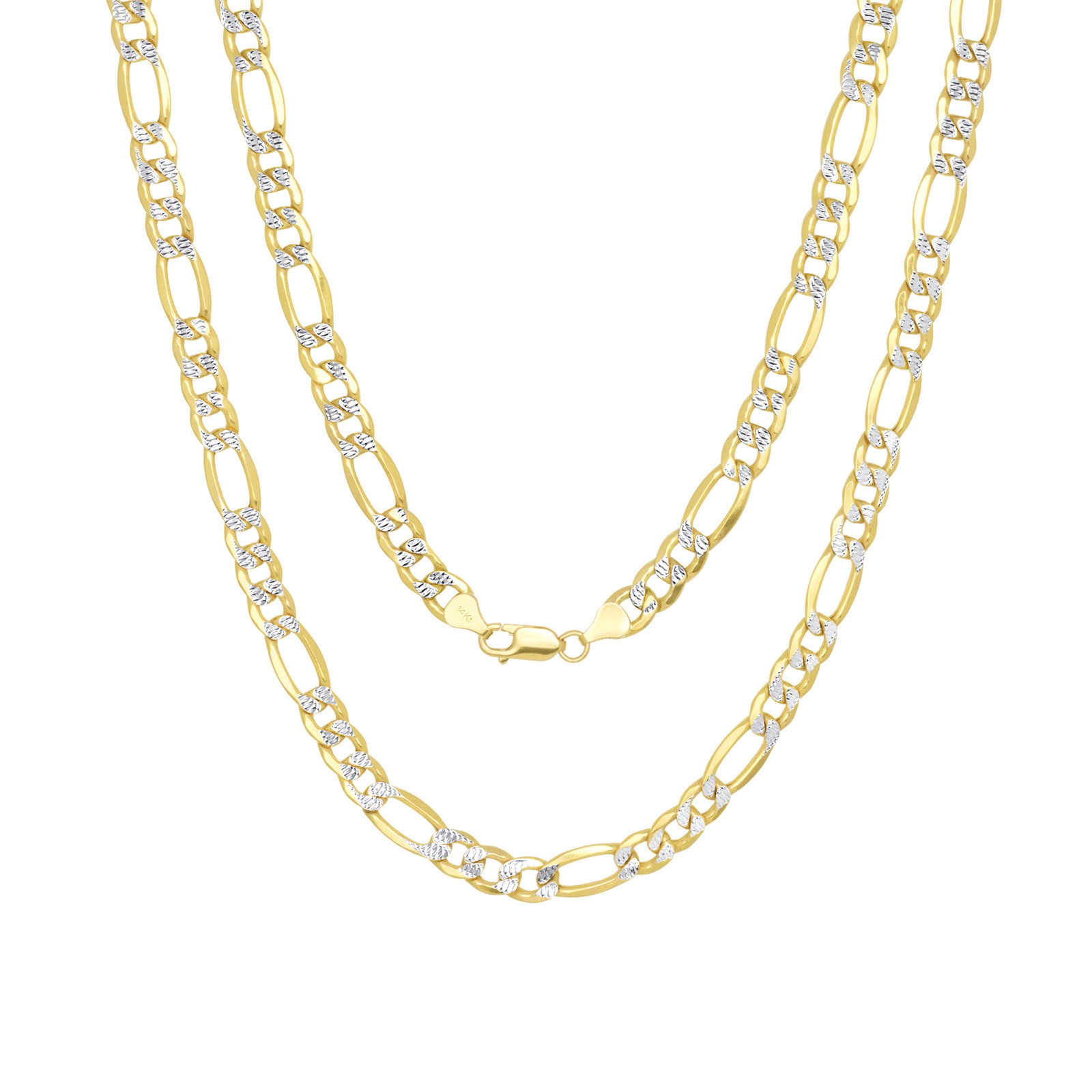 14K Yellow Gold Solid Men 8.5mm Diamond Cut White Pave Figaro Chain Necklace 26″