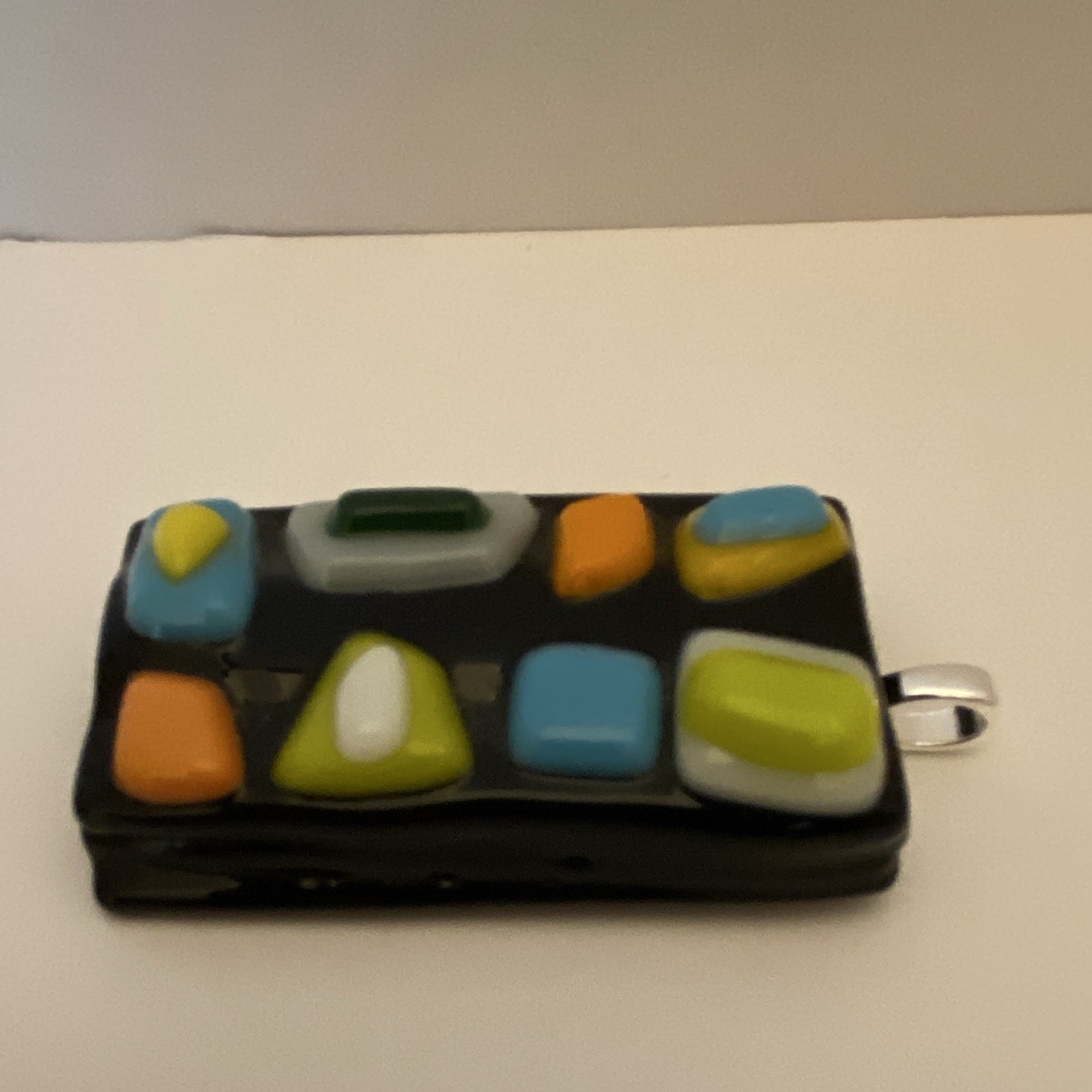 Fused Glass Silver Tone Bail Rectangle Glass Charm Pendant Multicolor Handmade