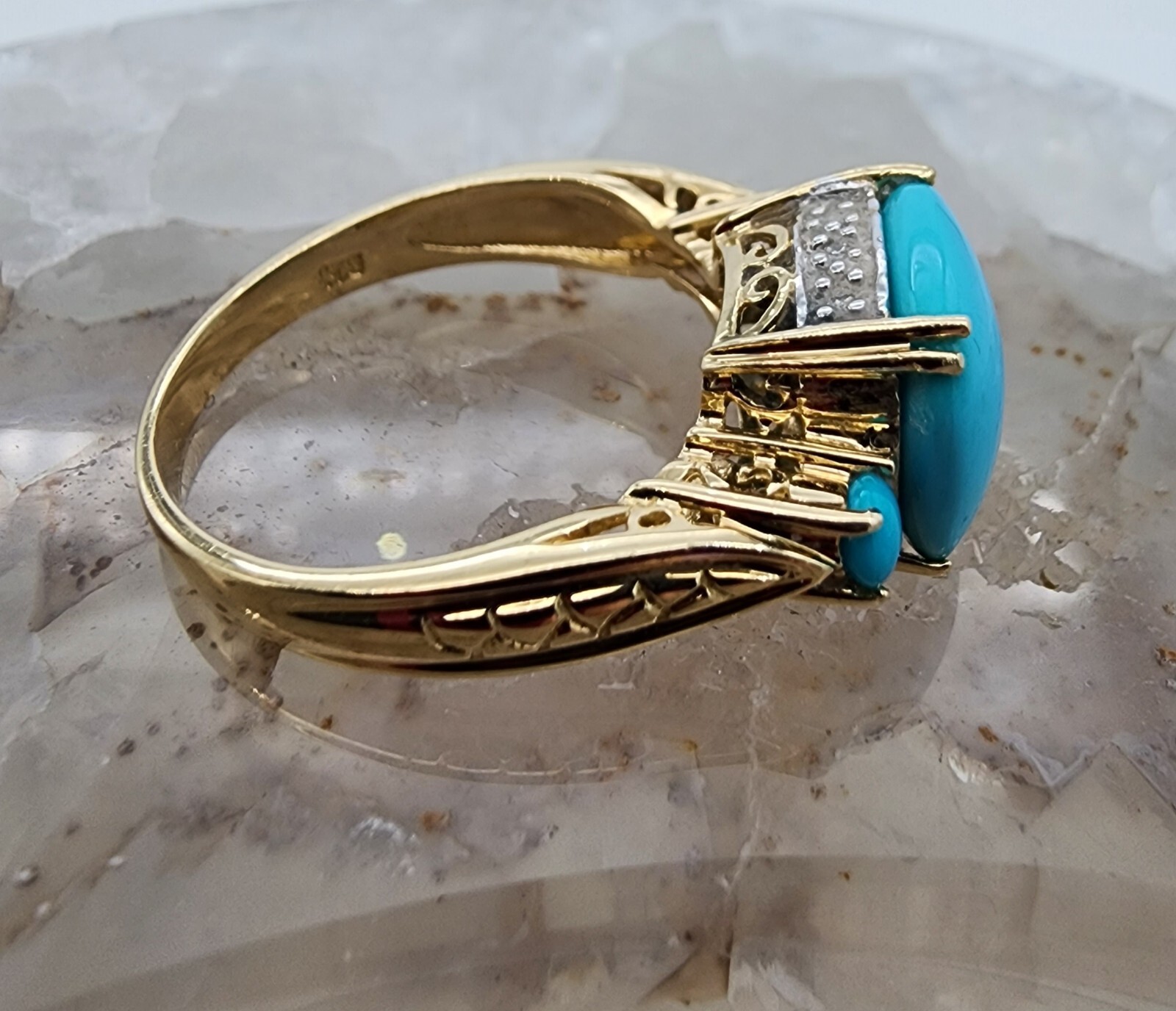 14k .585 Yellow Gold Effy Cushion Turquoise .06 ctw Diamond Sz 7 Ring Au 23231