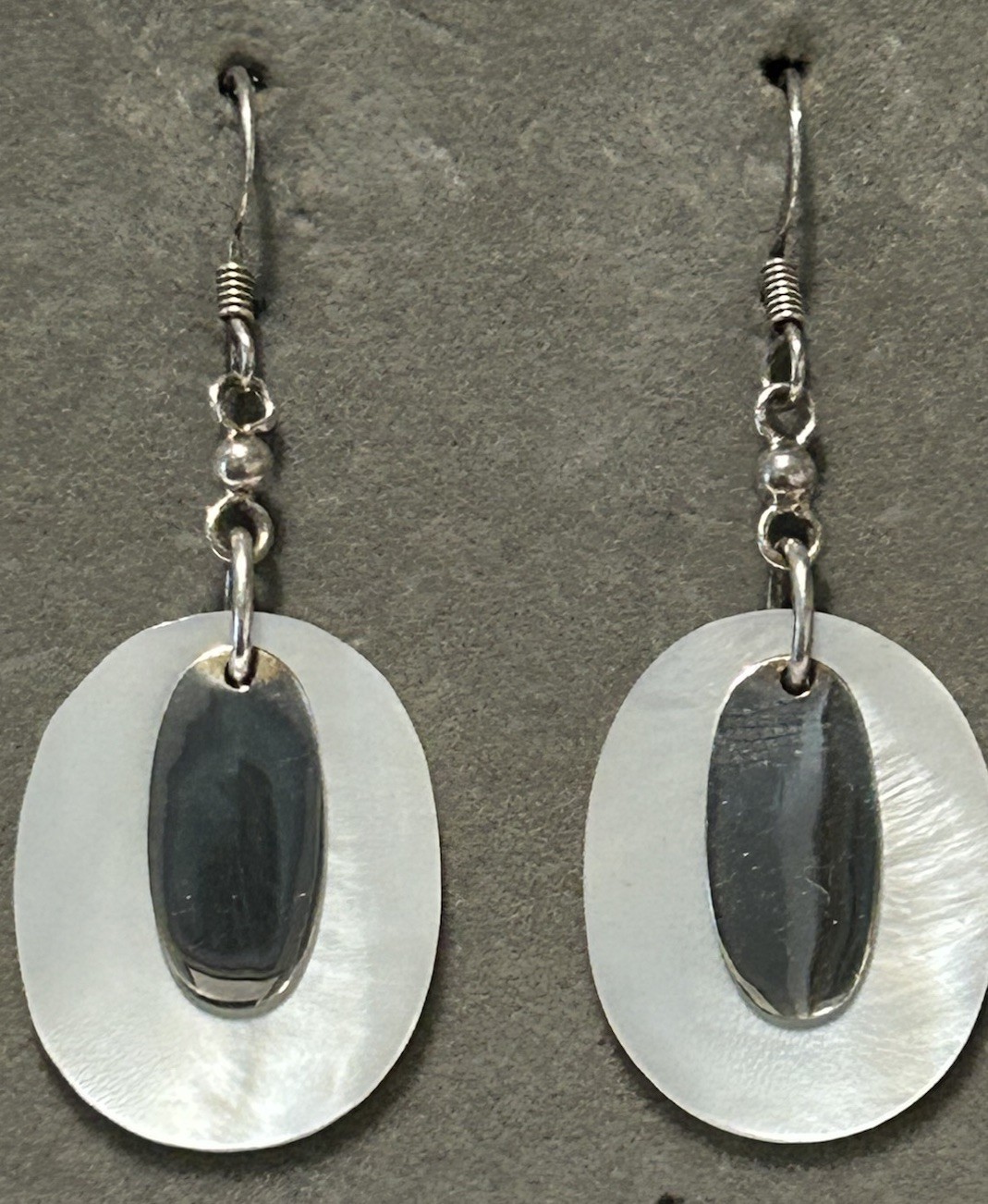 Vtg Sterling Silver & Mother Of Pearl Disc 5cm Drop Earrings (4.77g)