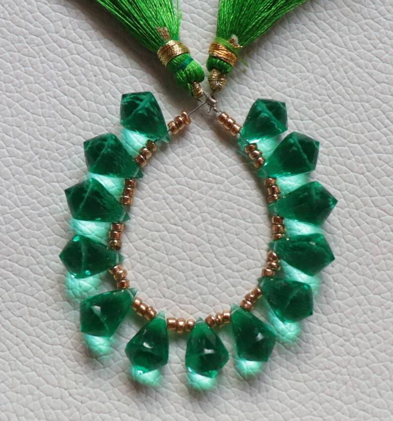 `10 Pcs Side To Side Drilled Cone Briolette Beads Hydro Emerald Quartz 13x8MM