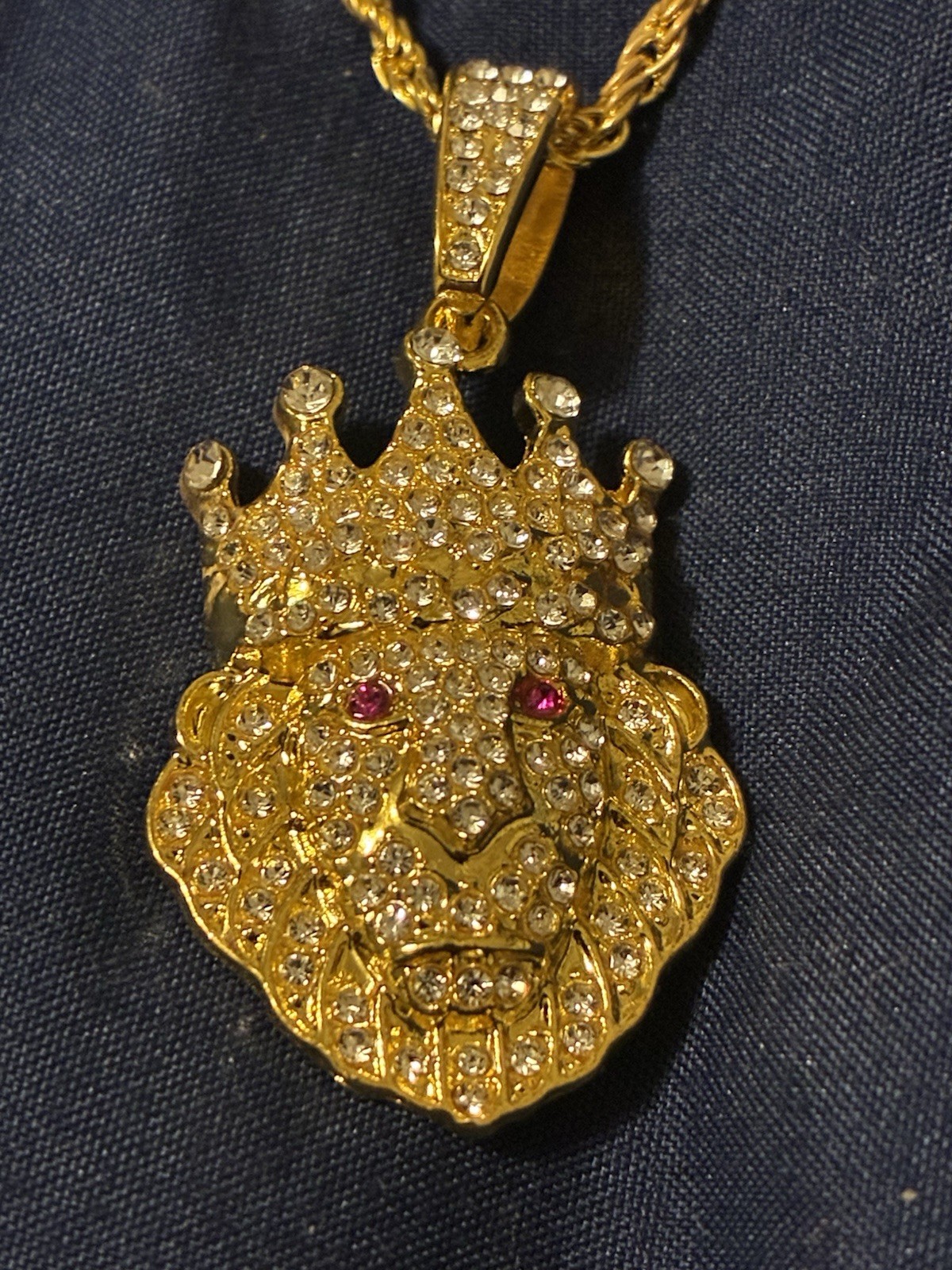 Gold Tone Rope Chain Lion Head Crown Pendant Pavé Clear Crystal 23.62in