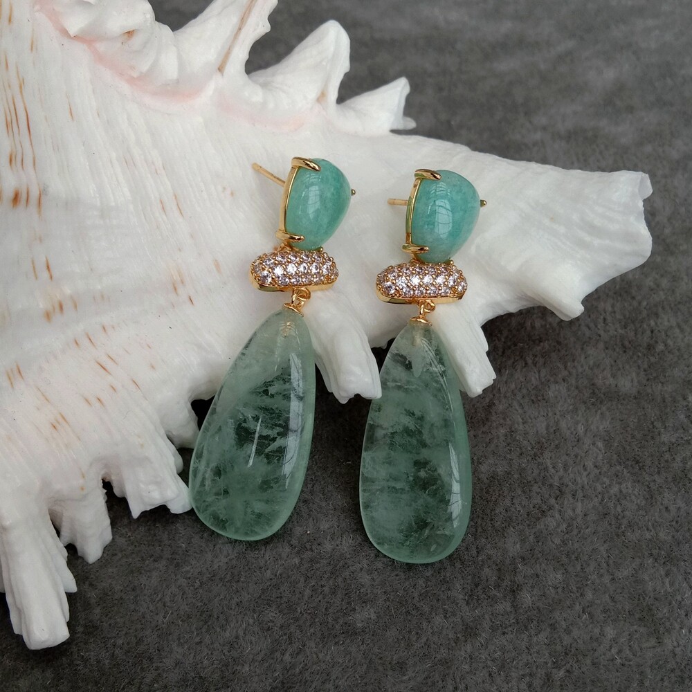 Women Earrings Fashion Green Amethyst Prasiolite Amazonite Stud Earring Jewelry