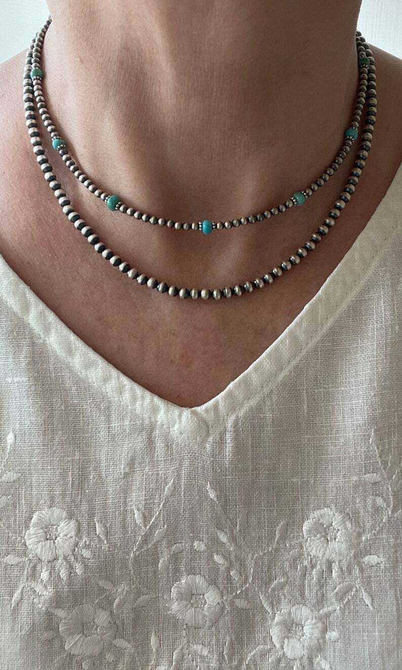 Blue Genuine Kingman 4mm Turquoise and Navajo Pearl Beaded Gemstone Necklace