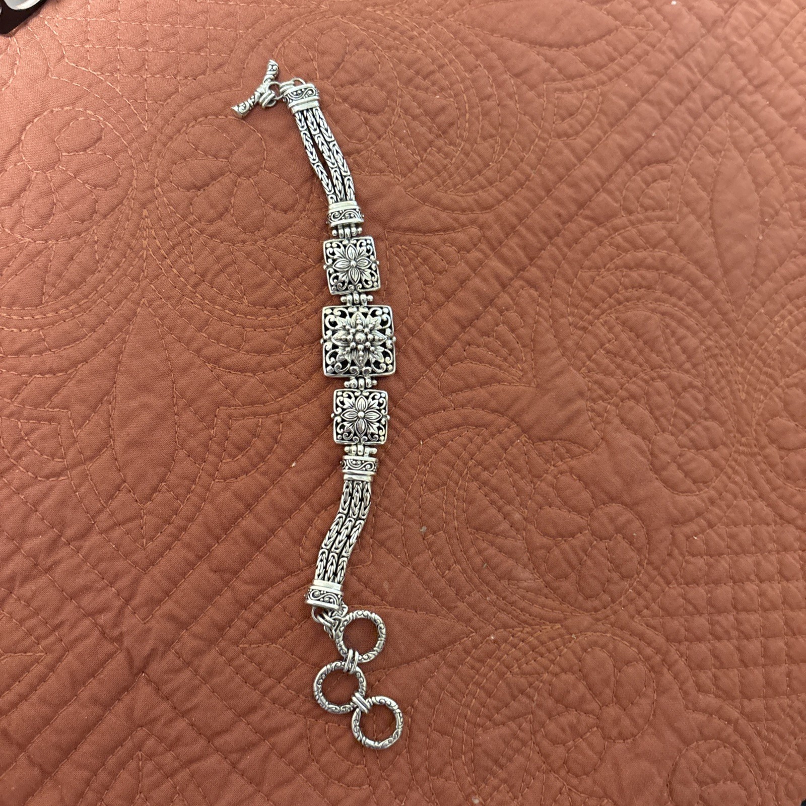 Sarda 925 Sterling Silver Toggle Floral Panel Byzantine Chain Bracelet 34.6g