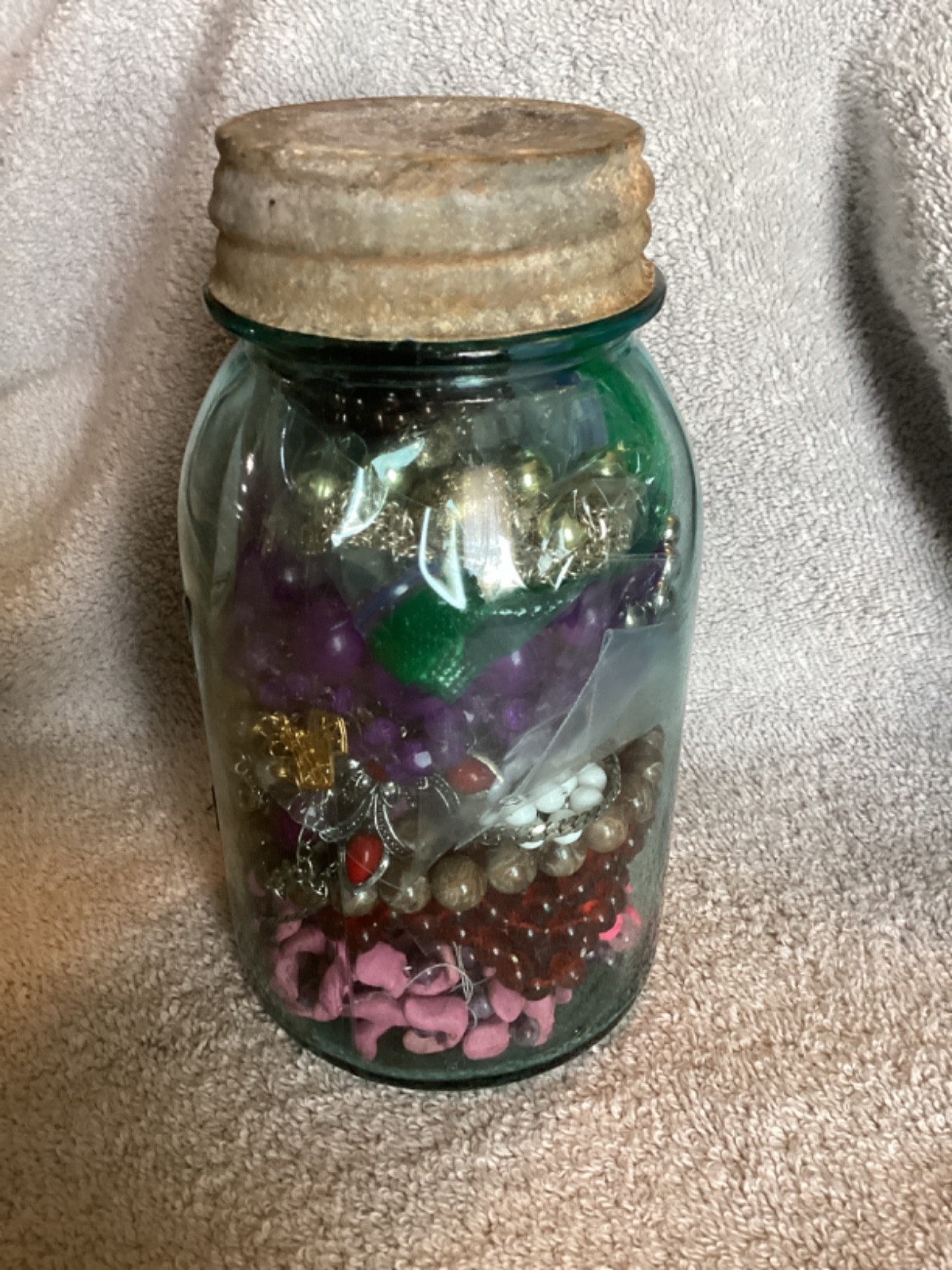1 Lb+ Mystery Jewelry Jar + 1920’s Blue Ball Qt Lot Vintage-Mod – Includes Jar!