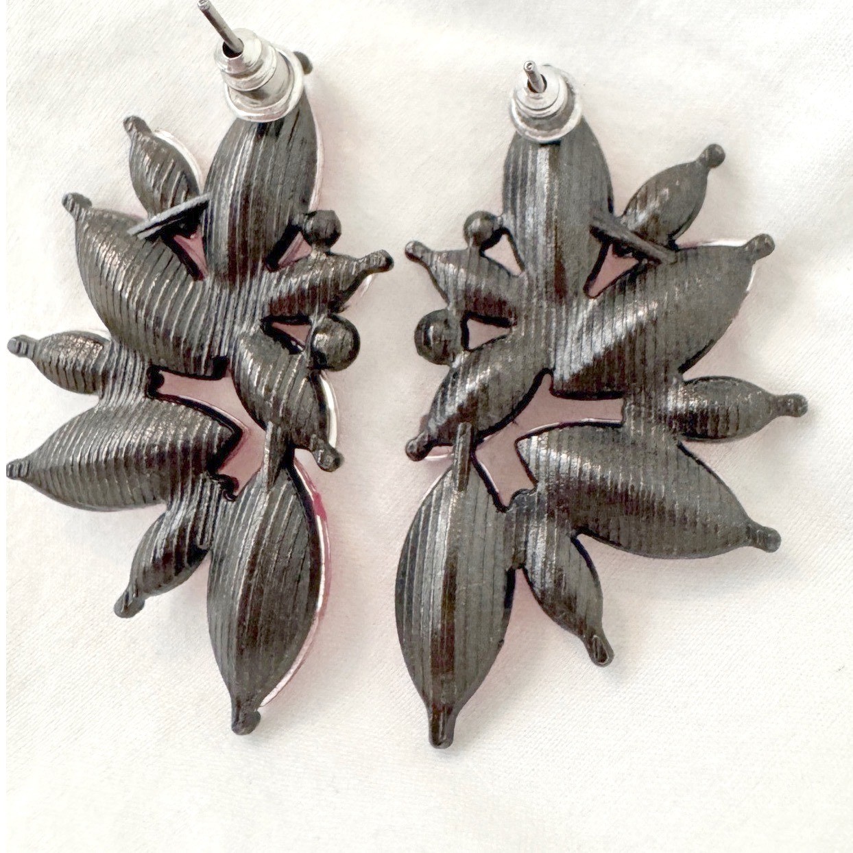 Pink Marquise Resin Floral Statement Earrings Gunmetal Tone Post Back Sparkle
