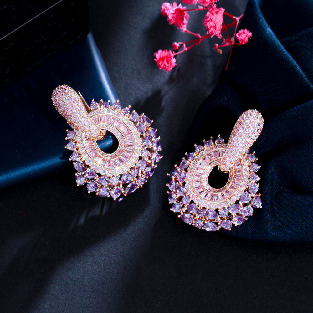 Statement 585 Gold Double Use Purple CZ Big Pave Dangle Drop Earrings for Women