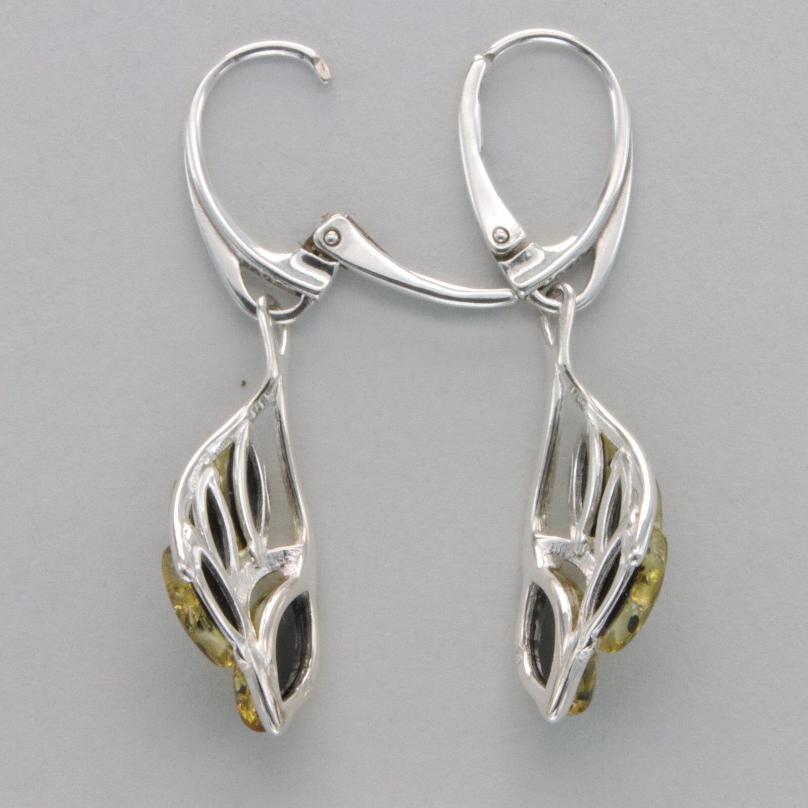 Green BALTIC AMBER Dangle Leveback Earrings 925 STERLING SILVER Poland #3629
