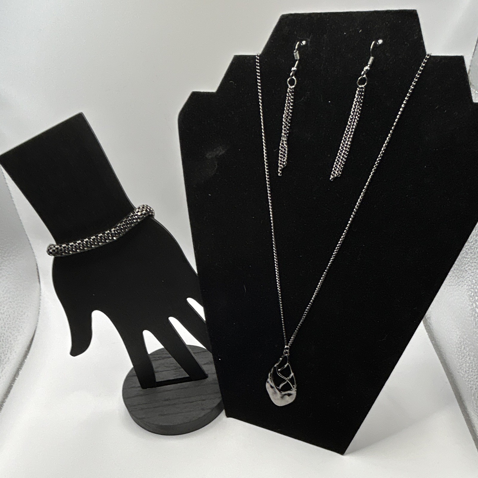 Dark Gunmetal Twisted Filigree Pendant Long Chain Necklace Mesh Bracelet 3pc Set