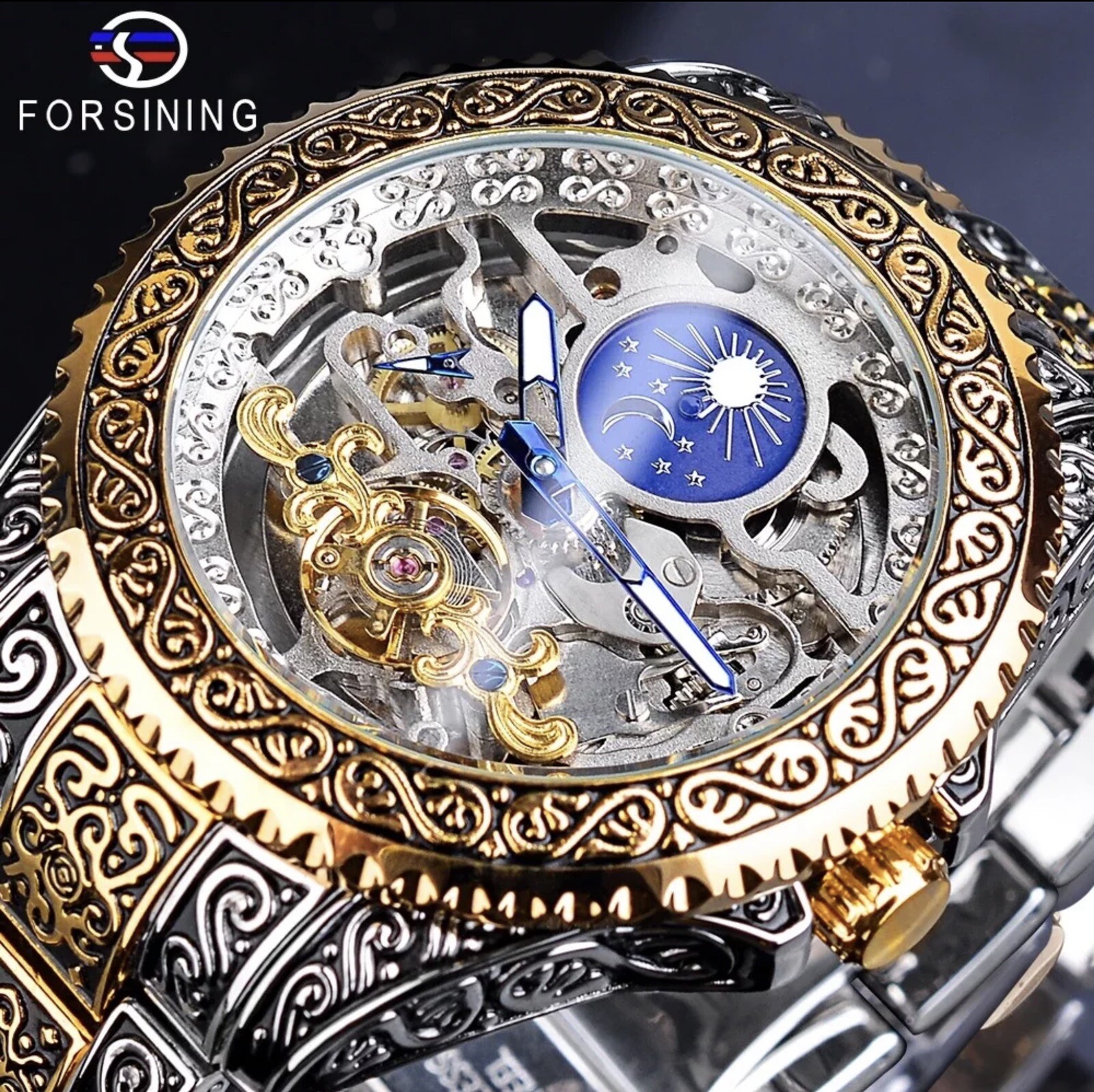 Forsining Skeleton Carved Tourbillon Mechanical Moon Dial Mens Watch waterproof