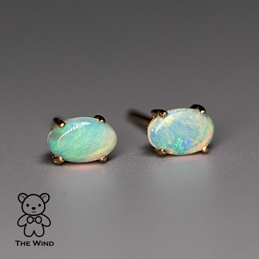 Oval Natural Australian Crystal Solid Opal Stud Earrings in 14k Yellow Gold