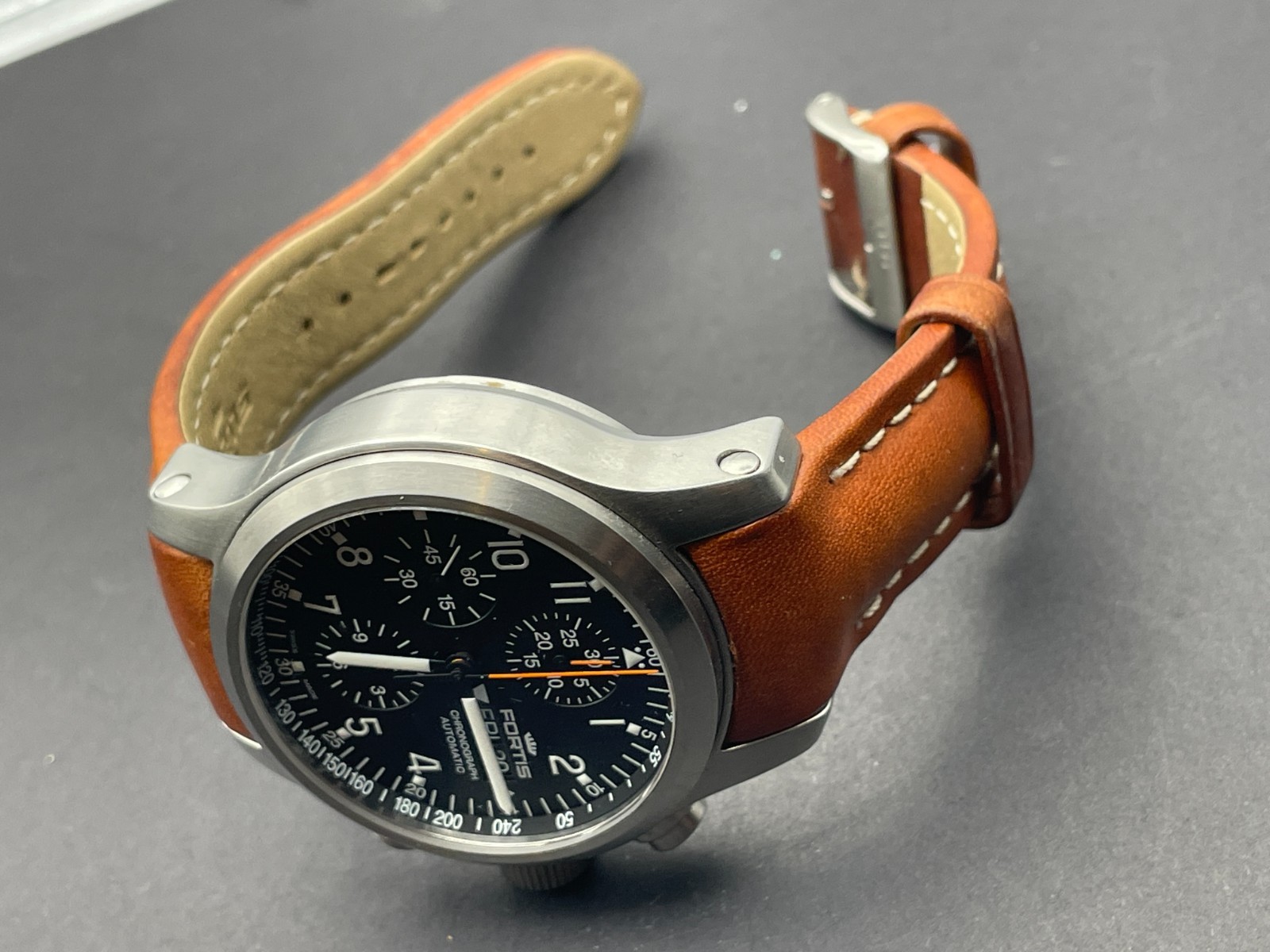 Fortis Pilot B42 Valjoux 7750 Chronograph Watch Black Dial Brown Strap $2895