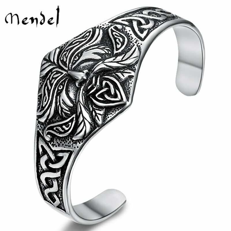 MENDEL 7 Inch Mens Stainless Steel Ancient Norse Viking Cuff Bracelet Bangle Men