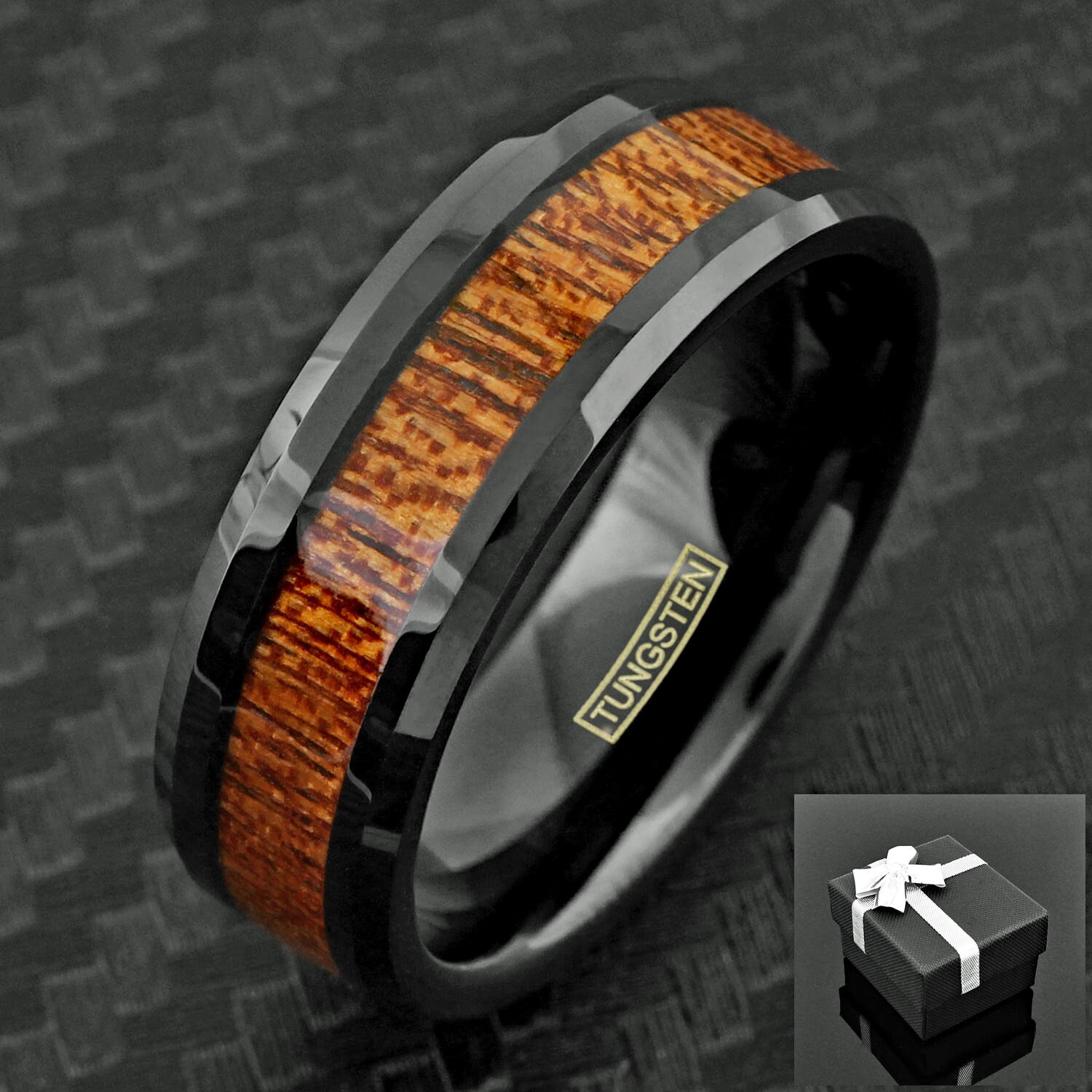 Black Tungsten Men’s Brown Wood Grain Stripe Band Ring Size 9-13