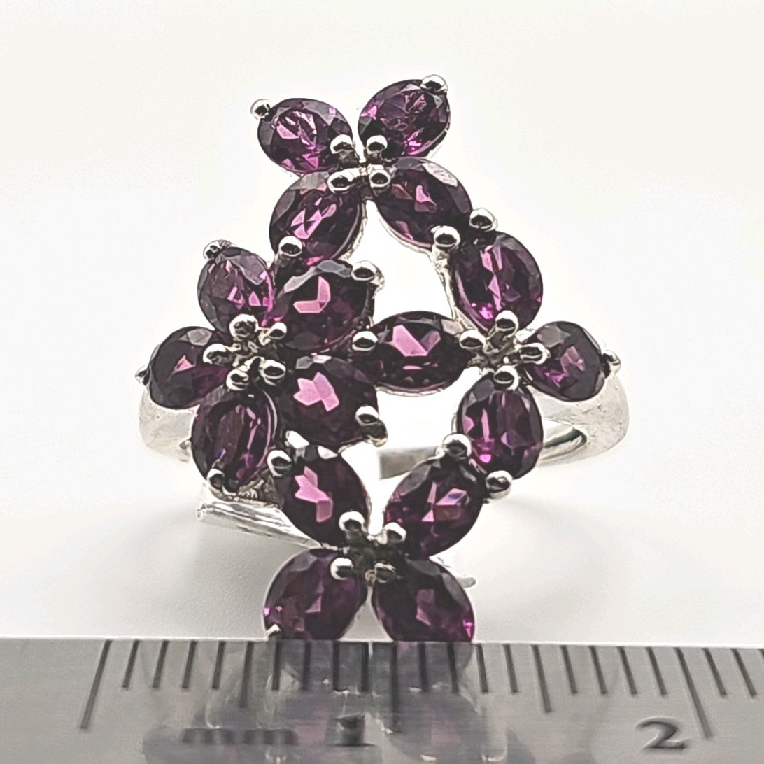 Natural Rhodolite Garnet Floral Cluster Cocktail Ring in 925 Size 6