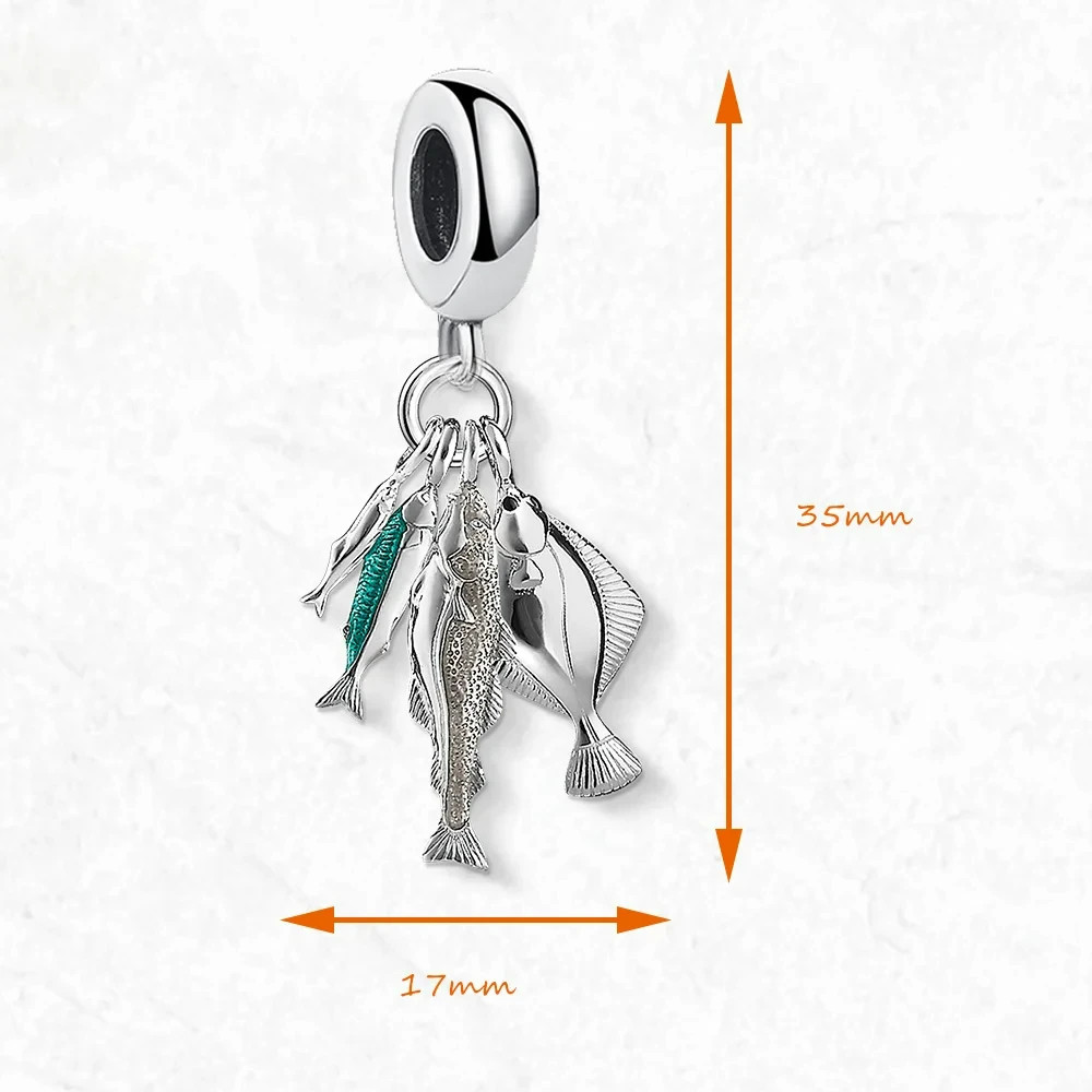 925 Sterling Silver Three Fish Pendant Charm Blue & White Cz Gift Lobster Lock