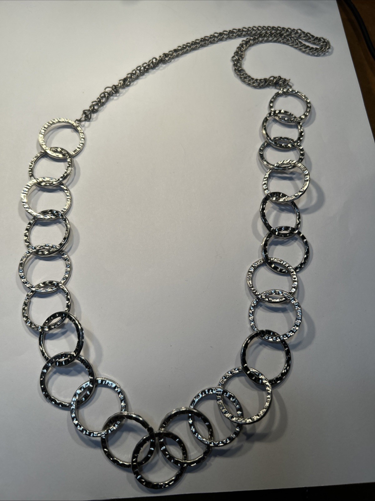 Women’s Silver Hoop Chains Necklace 28” Loops Circles Overhead No Clasp Wear NEW