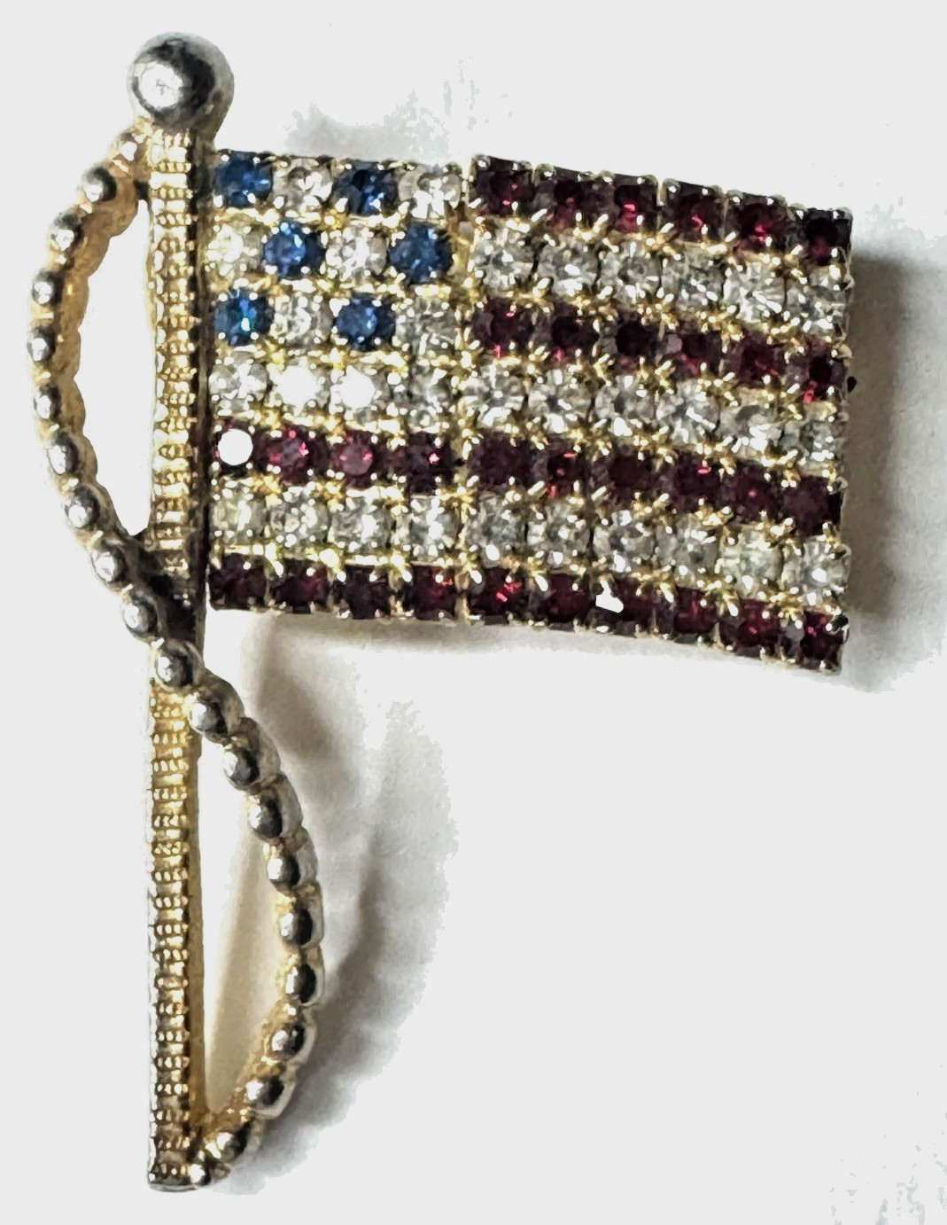 Vintage Napier Rhinestone American Flag Brooch Pin Gold Tone Red White Blue USA