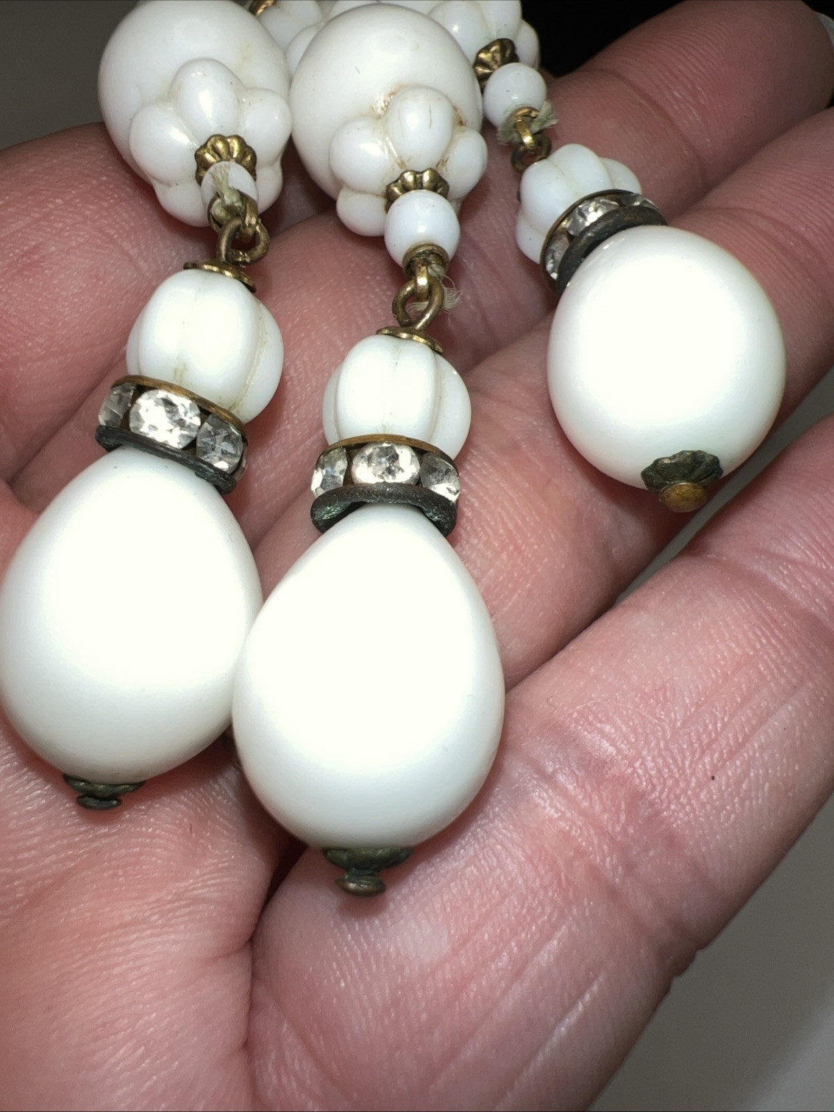 1930s 40s Milk Glass Lariat Necklace Rhinestone Multi Strand Art Deco 34”