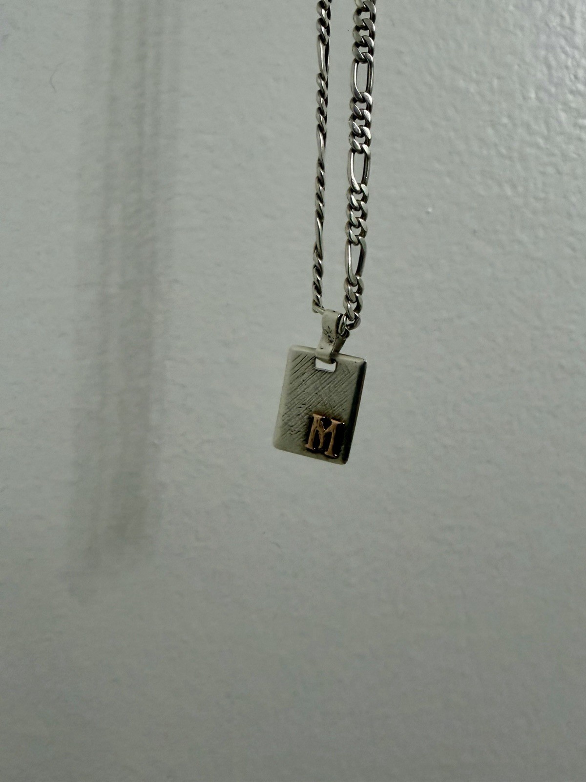 Silver Figaro Chain Necklace Letter M Rectangle Charm Pendant Lobster Clasp