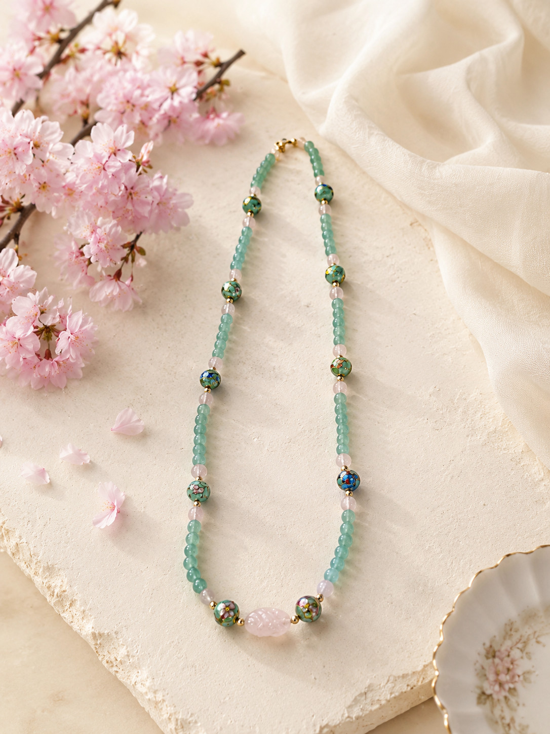 Vintage Rose Quartz & Green Chalcedony Necklace | Cloisonné Enamel Beads