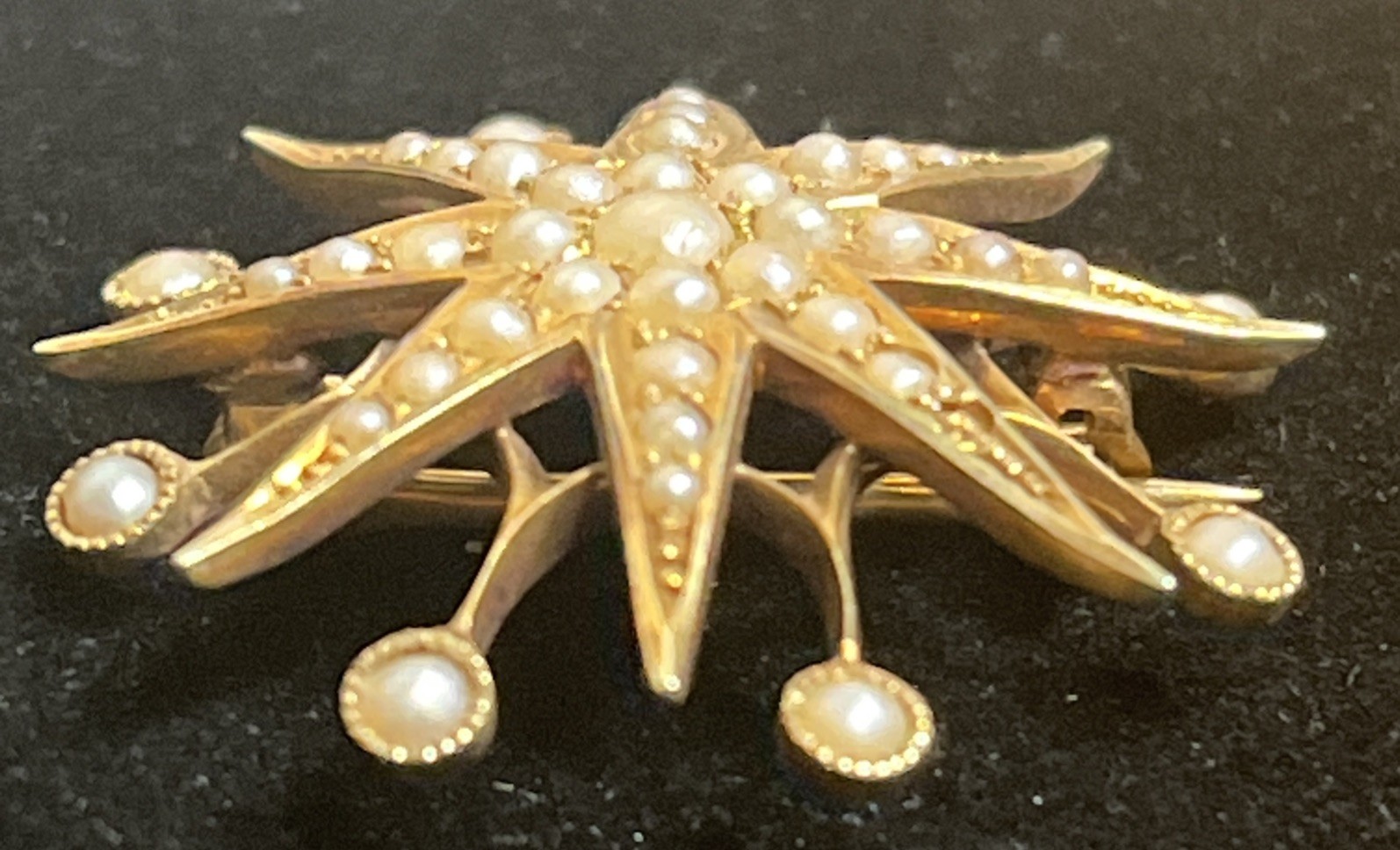 Antique Victorian 14K Gold Starburst Brooch Pin Seed Pearl AJ Hedges Sign 4.64g