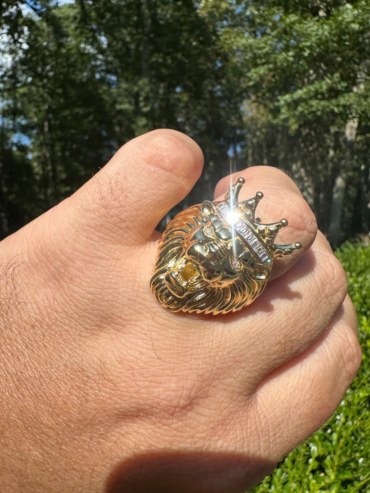 Lion W. Moissanite Baguette Crown 3D Mens Ring – 14k Gold Over Real 925 Silver
