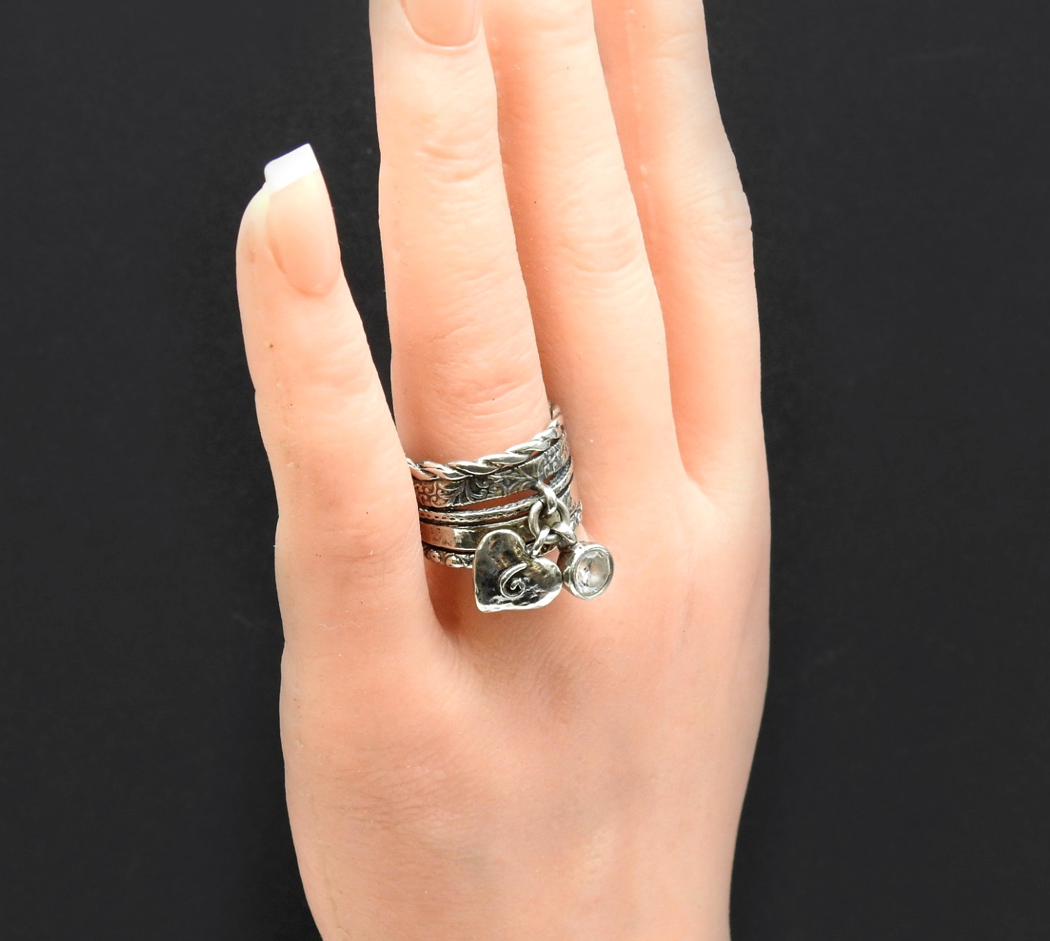 Israel 925 Sterling Silver Multi Band Heart CZ Dangle Charm Ring Size 9 Artisan